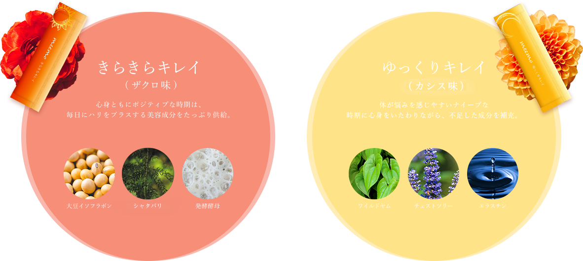 きらきらキレイ(ザクロ味)とゆっくりキレイ(アサイー味)